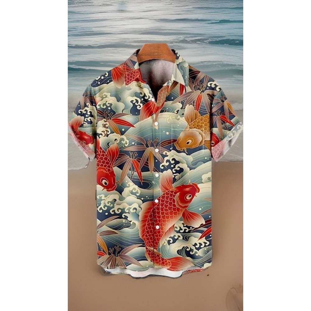 Mens Vintage Koi red Carp Fish Transfer Lucky Short Sleeve Hawaii Shirt XL
